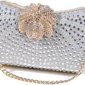 Stunning Rhinestone Flower Lock Clutch Handbag - Ideal for Evening Events, 7.9"
